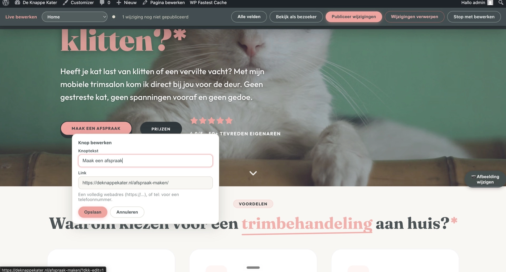 De website van De Knappe Kater in bewerkmodus, met een venster waarin de knoptekst Maak een afspraak en de link erachter worden aangepast